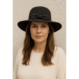 Vintage-Style Black Cloche‎ Hat by August  - 100%Wool with Bow Detail